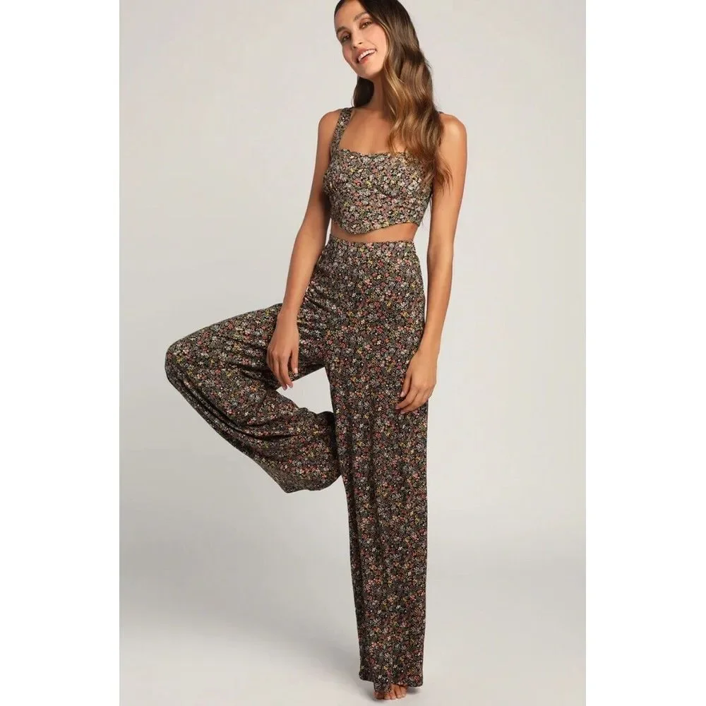 Lulu's XL Bloom In Black Wide Leg Trouser And Bustier Crop Black Floral‎ NWT